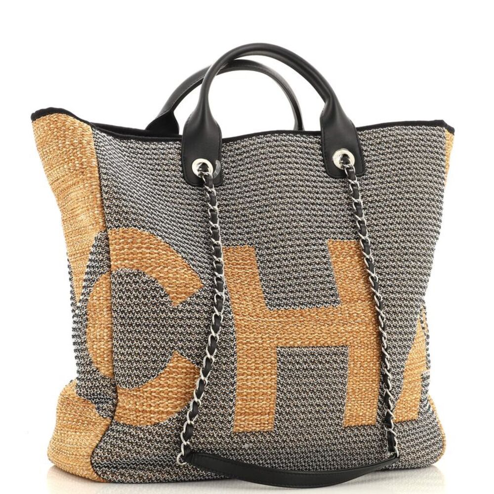 Chanel Deauville Logo Shopping Tote Printed Raffia Large Black, Neutral - Picture 3 of 9